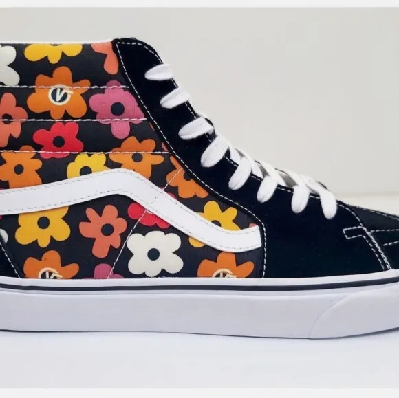 VANS SK8-HI Flower Black High Top Canvas Suede Sneakers.