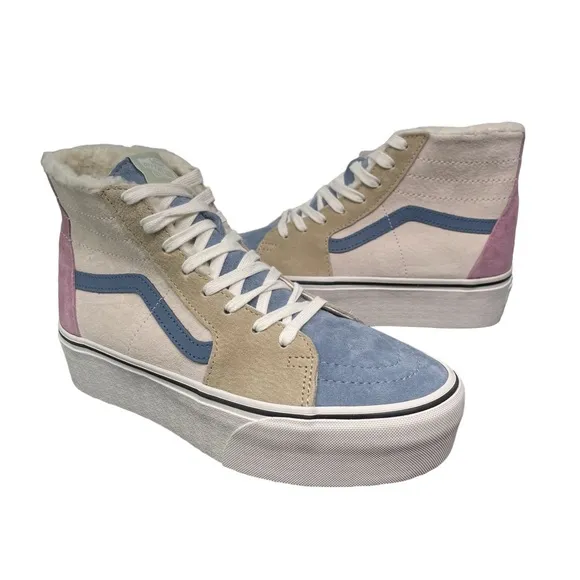 Vans Sk8-Hi Shoes 9.5 Tapered Stackform Blue &amp; Pink Sherpa Platform Pastels NEW