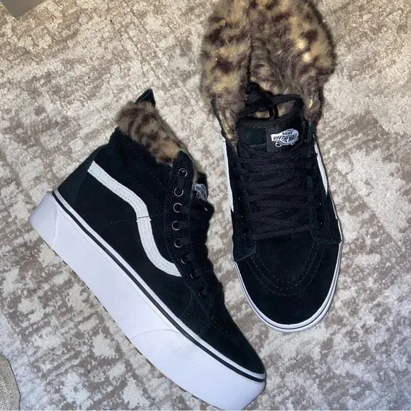 Vans Women's Black High-Top Sneakers with Leopard Print
