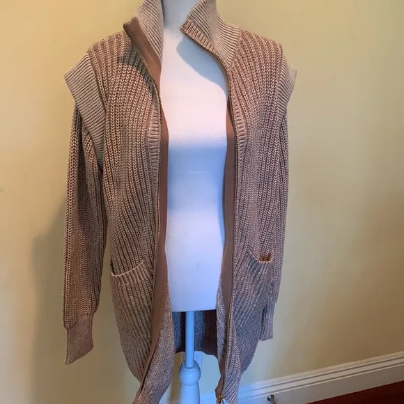 VARLEY Tori Knit Jacket Tan Zipper Front High Collar Luxury Neutral Minimalist