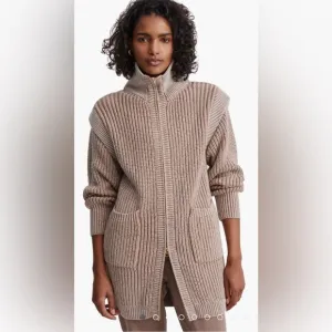 VARLEY Tori Knit Jacket Tan Zipper Front High Collar Luxury Neutral Minimalist