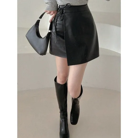 Vegan Leather Wrap Knot Side mini Skirt black minimalist