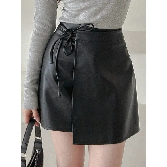 Vegan Leather Wrap Knot Side mini Skirt black minimalist