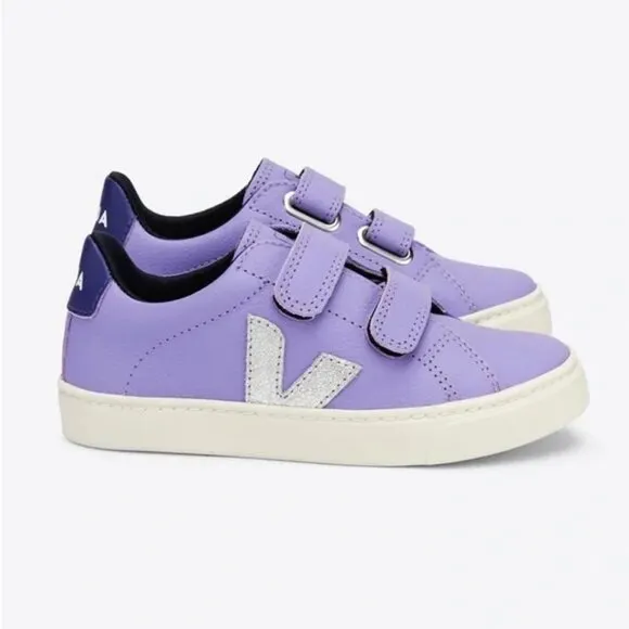 Veja Esplar Velcro ChromeFree Kids Shoes - Silver Solid Lavender 4 Small