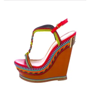 Vero Cuoio Red and Black Wedge Sandals with T-Strap Design