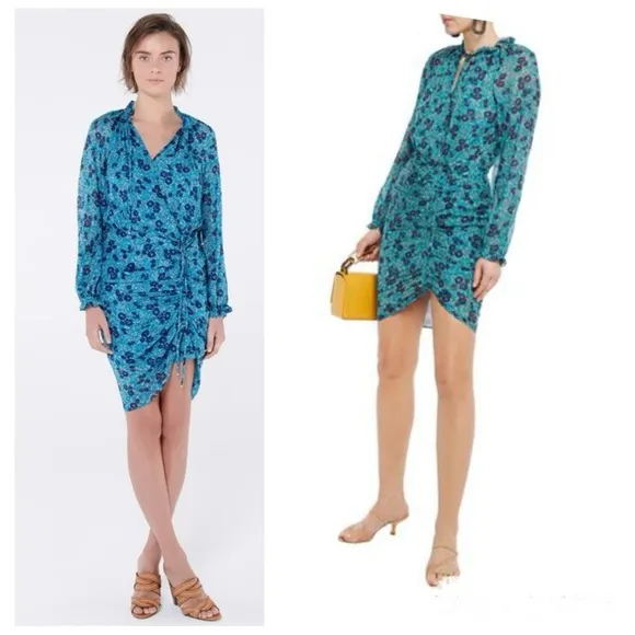 Veronica Beard Becky Dress Silk Ruched Dainty Floral Turquoise Minimalist Luxury