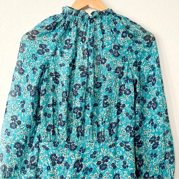 Veronica Beard Becky Dress Silk Ruched Dainty Floral Turquoise Minimalist Luxury