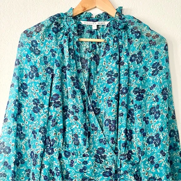 Veronica Beard Becky Dress Silk Ruched Dainty Floral Turquoise Minimalist Luxury