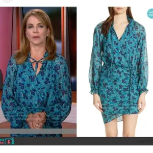 Veronica Beard Becky Dress Silk Ruched Dainty Floral Turquoise Minimalist Luxury