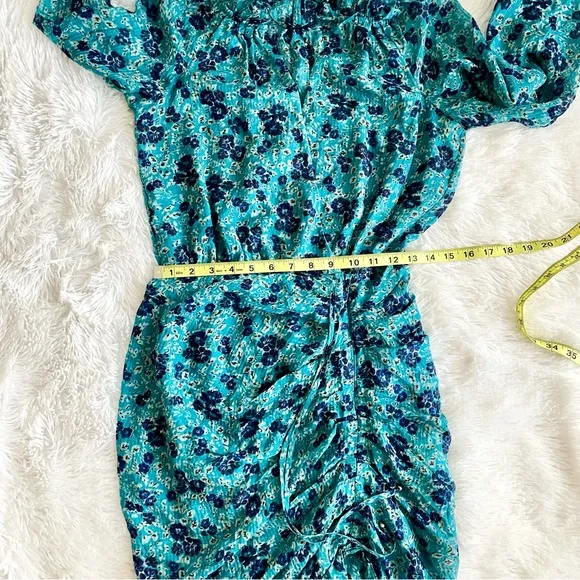 Veronica Beard Becky Dress Silk Ruched Dainty Floral Turquoise Minimalist Luxury
