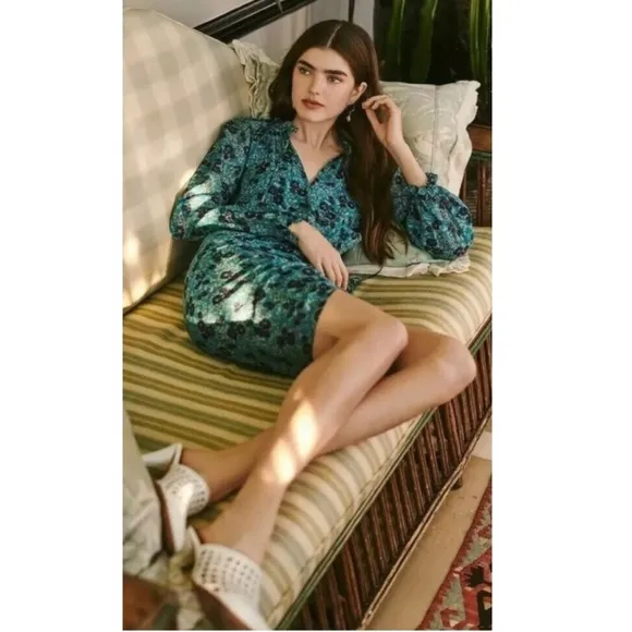 Veronica Beard Becky Dress Silk Ruched Dainty Floral Turquoise Minimalist Luxury