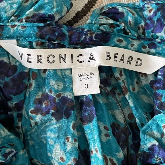 Veronica Beard Becky Dress Silk Ruched Dainty Floral Turquoise Minimalist Luxury