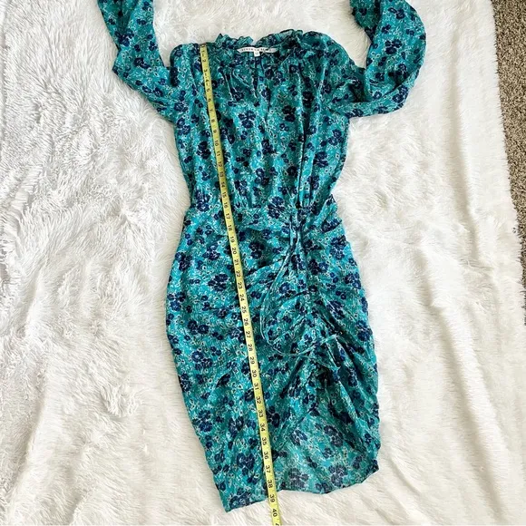 Veronica Beard Becky Dress Silk Ruched Dainty Floral Turquoise Minimalist Luxury
