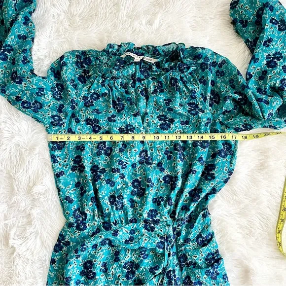 Veronica Beard Becky Dress Silk Ruched Dainty Floral Turquoise Minimalist Luxury
