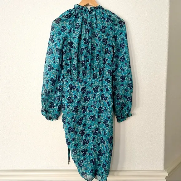 Veronica Beard Becky Dress Silk Ruched Dainty Floral Turquoise Minimalist Luxury