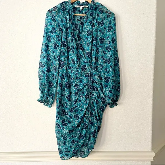 Veronica Beard Becky Dress Silk Ruched Dainty Floral Turquoise Minimalist Luxury