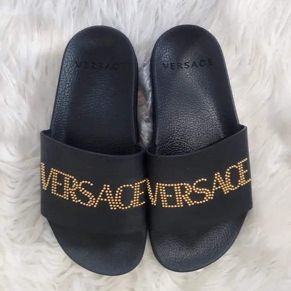Versace Gold and Black Slippers Luxurious Slide Design