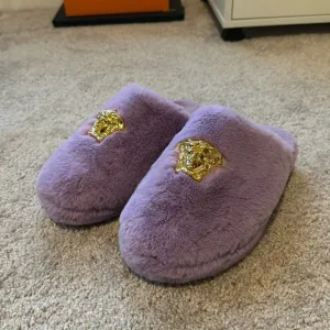 Versace Purple La Medusa Faux Fur Slippers