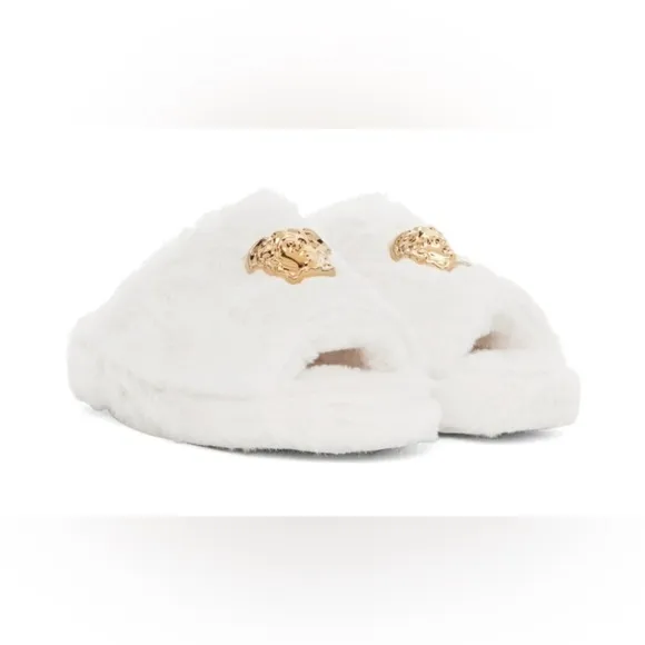 Versace White Faux-Fur Palazzo Slippers