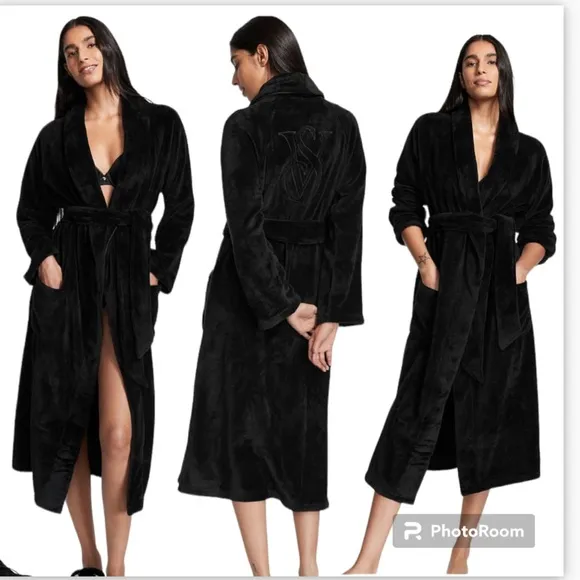 Victoria's Secret 6 piece M/L LONG BLACK PLUSH ROBE Sleep BUNDLE