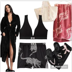 Victoria's Secret 6 piece M/L LONG BLACK PLUSH ROBE Sleep BUNDLE