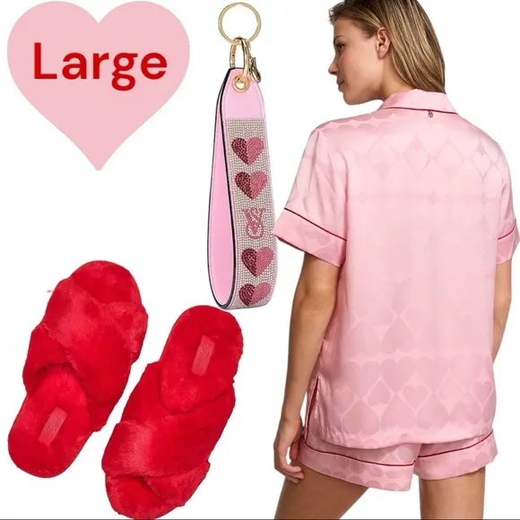 Victoria’s Secret LARGE GLAZED SATIN HEART POCKET SHORT PJS &amp; SLIPPERS