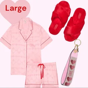 Victoria’s Secret LARGE GLAZED SATIN HEART POCKET SHORT PJS &amp; SLIPPERS