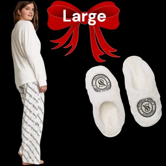 VICTORIA'S SECRET LARGE WHITE RIBBON Flannel Long-Sleeve Tee-Jamas &amp; Slippers