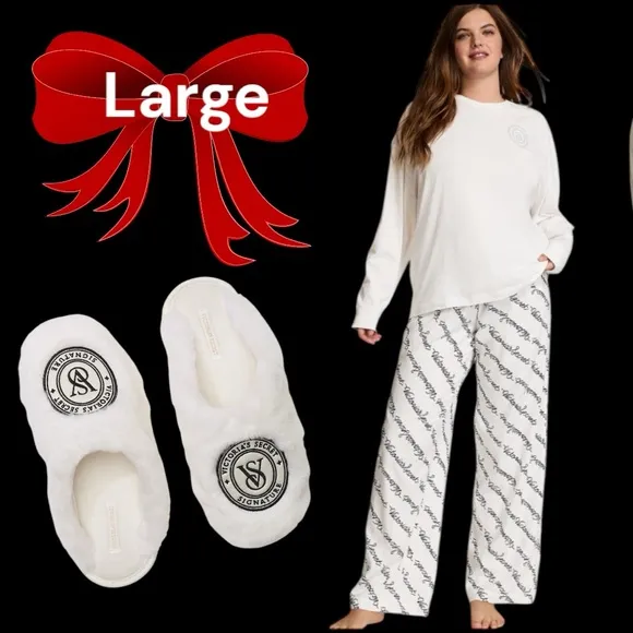 VICTORIA'S SECRET LARGE WHITE RIBBON Flannel Long-Sleeve Tee-Jamas &amp; Slippers