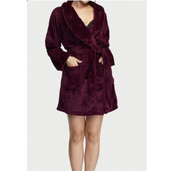 VICTORIA'S SECRET Logo Short Cozy Robe Deep Maroon KIR XS/S &amp; Slippers Small