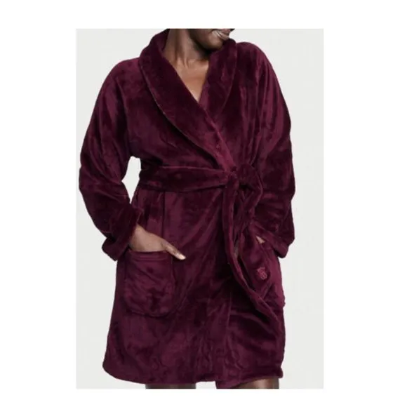 VICTORIA'S SECRET Logo Short Cozy Robe Deep Maroon KIR XS/S &amp; Slippers Small