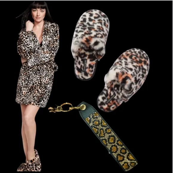 Victoria’s Secret M/L LEOPARD SHORT &amp; COZY ROBE &amp; LEOPARD SLIPPERS   GIFT