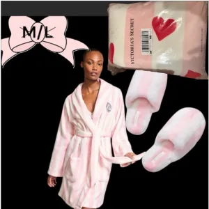 Victoria’s Secret M/L Pink Striped Cozy Short Robe, Slippers &amp; blanket