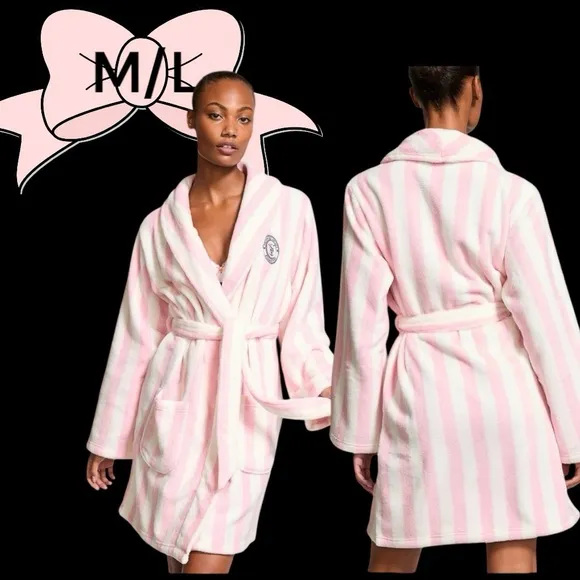 Victoria’s Secret M/L Pink Striped Cozy Short Robe, Slippers &amp; blanket