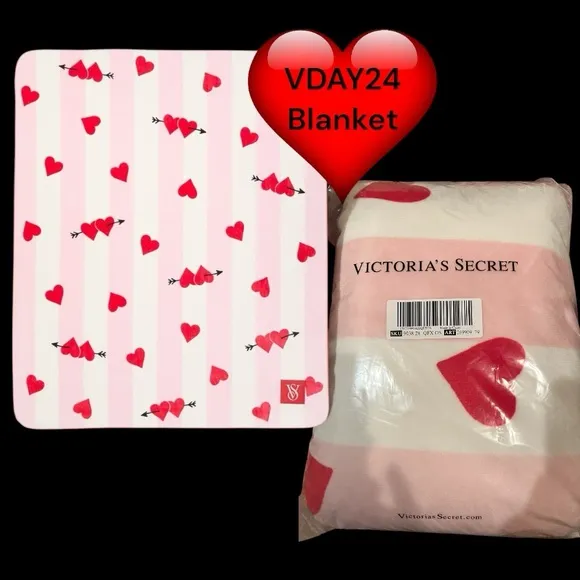 Victoria’s Secret M/L Pink Striped Cozy Short Robe, Slippers &amp; blanket