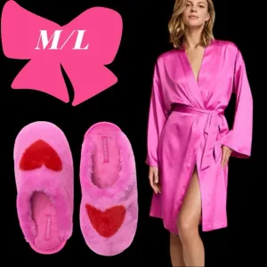 VICTORIA'S SECRET M/LNEW PEONY Satin Midi Robe &amp; HEART slippers