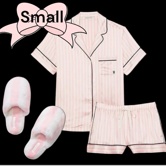 VICTORIA'S SECRET PINK STRIPE SATIN SHORT PJS   Slippers   Rhinestone Wristlet