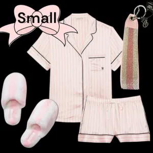 VICTORIA'S SECRET PINK STRIPE SATIN SHORT PJS   Slippers   Rhinestone Wristlet