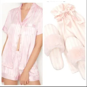 VICTORIA'S SECRET Satin Short PJ Set &amp; Stripped Slippers