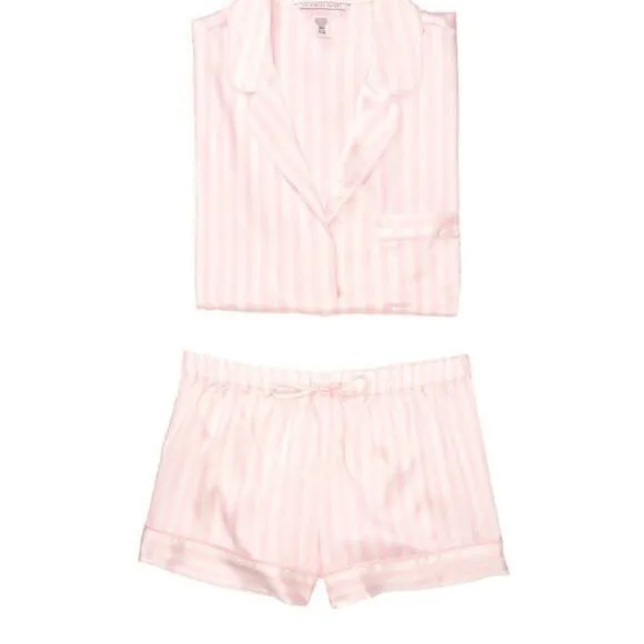 VICTORIA'S SECRET Satin Short PJ Set &amp; Stripped Slippers