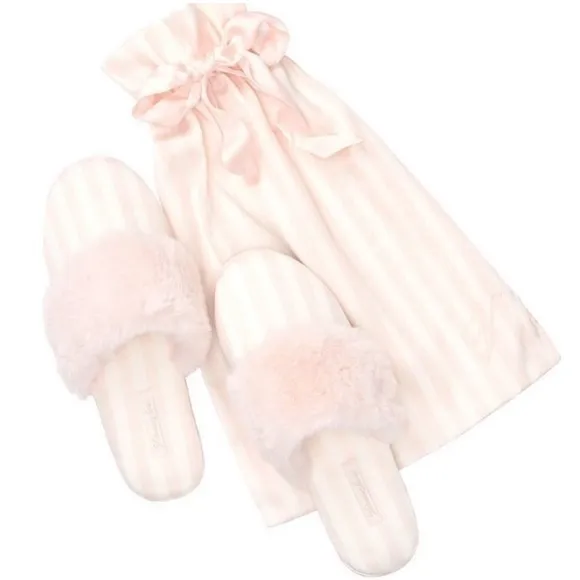 VICTORIA'S SECRET Satin Short PJ Set &amp; Stripped Slippers