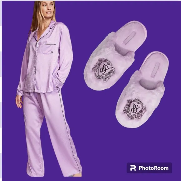 VICTORIA'S SECRET SM UNICORN PURPLE Satin Long Pajama Set &amp; SLIPPERS