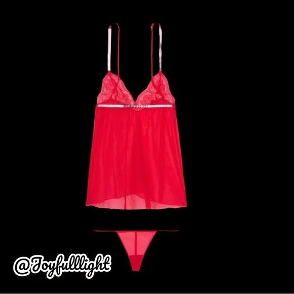 VICTORIA'S SECRET VERY SEXY Lace &amp; Sheer Mesh Shine Strap Babydoll and slippers