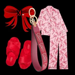 ❤️VICTORIA'S SECRET XLGlazed Satin CHALK ROSE BOWS LONG PAJAMA SET &amp; SLIPPERS