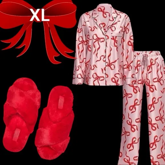 ❤️VICTORIA'S SECRET XLGlazed Satin CHALK ROSE BOWS LONG PAJAMA SET &amp; SLIPPERS