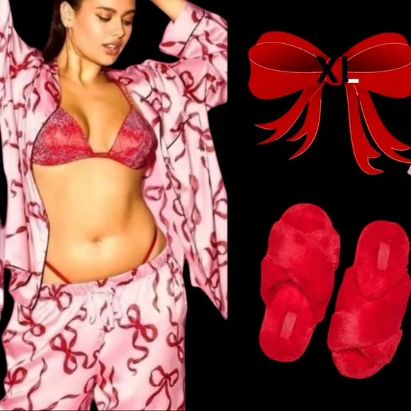 ❤️VICTORIA'S SECRET XLGlazed Satin CHALK ROSE BOWS LONG PAJAMA SET &amp; SLIPPERS