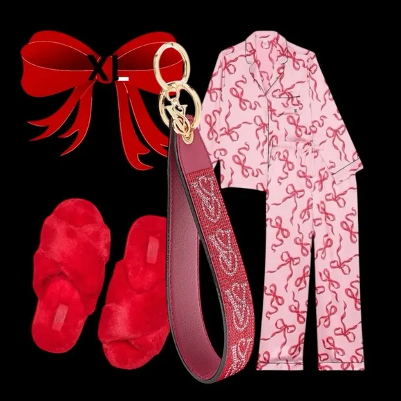❤️VICTORIA'S SECRET XLGlazed Satin CHALK ROSE BOWS LONG PAJAMA SET &amp; SLIPPERS