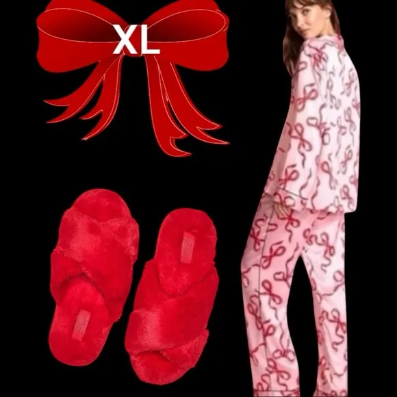 ❤️VICTORIA'S SECRET XLGlazed Satin CHALK ROSE BOWS LONG PAJAMA SET &amp; SLIPPERS