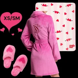 Victoria’s Secret XS/SM NEW PEONY Cozy Robe, Heart Slippers &amp; BLANKET