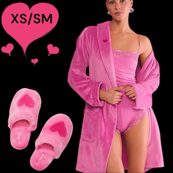 Victoria’s Secret XS/SM NEW PEONY Cozy Robe, Heart Slippers &amp; BLANKET